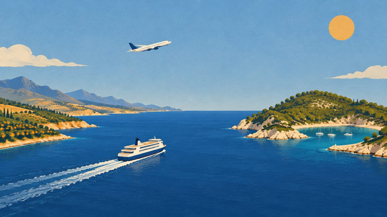Ilustración de un ferri y un avión que cruzan el mar desde la Península hacia una isla mediterránea
