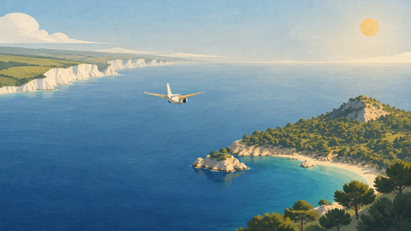 Illustration of a plane flying from white chalk cliffs across the sea to a pine-covered Mediterranean island