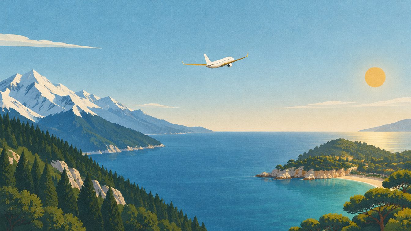 Illustration eines Flugzeugs, das von verschneiten Alpengipfeln über das Meer zu einer Mittelmeerinsel fliegt
