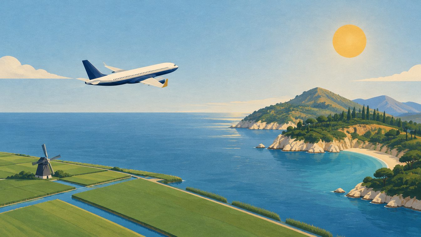 Illustratie van een vliegtuig dat van polders met een molen over zee naar een mediterraan eiland vliegt