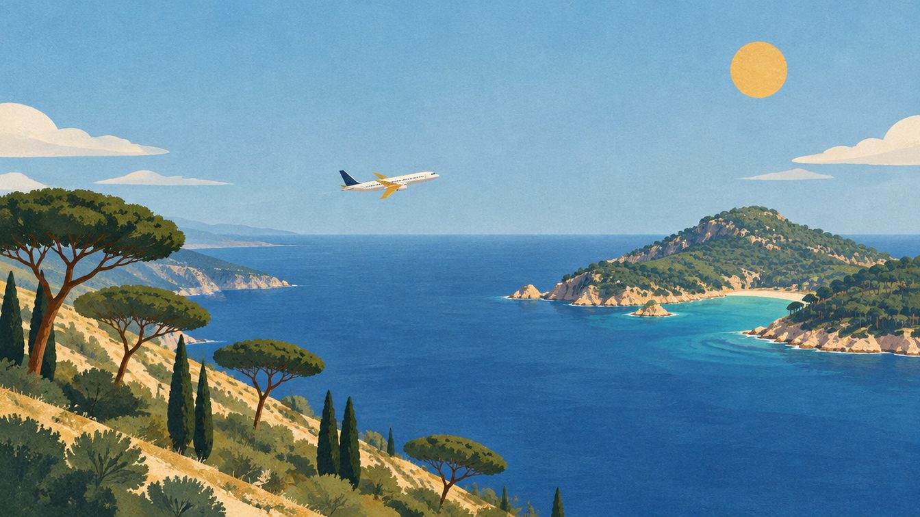 Illustrazione di un aereo che vola da una costa con pini e cipressi verso un'isola mediterranea