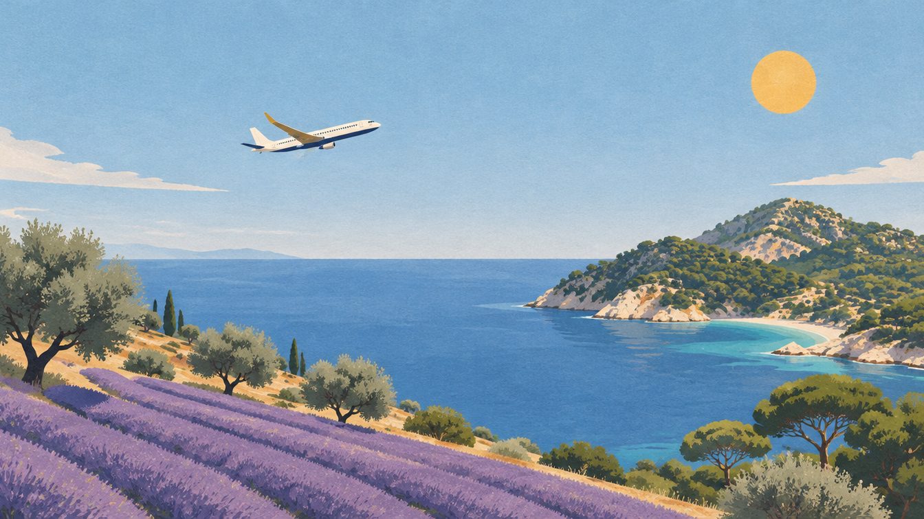Illustration d'un avion qui survole des champs de lavande et la mer vers une île méditerranéenne
