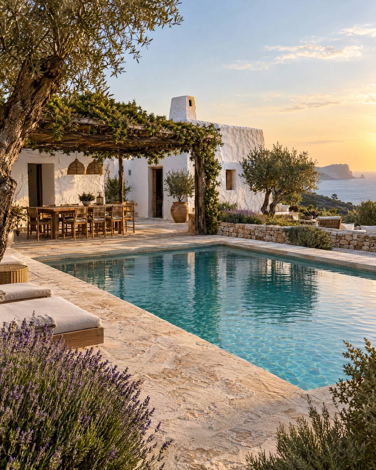 Piscina e pergola di una villa bianca a Ibiza