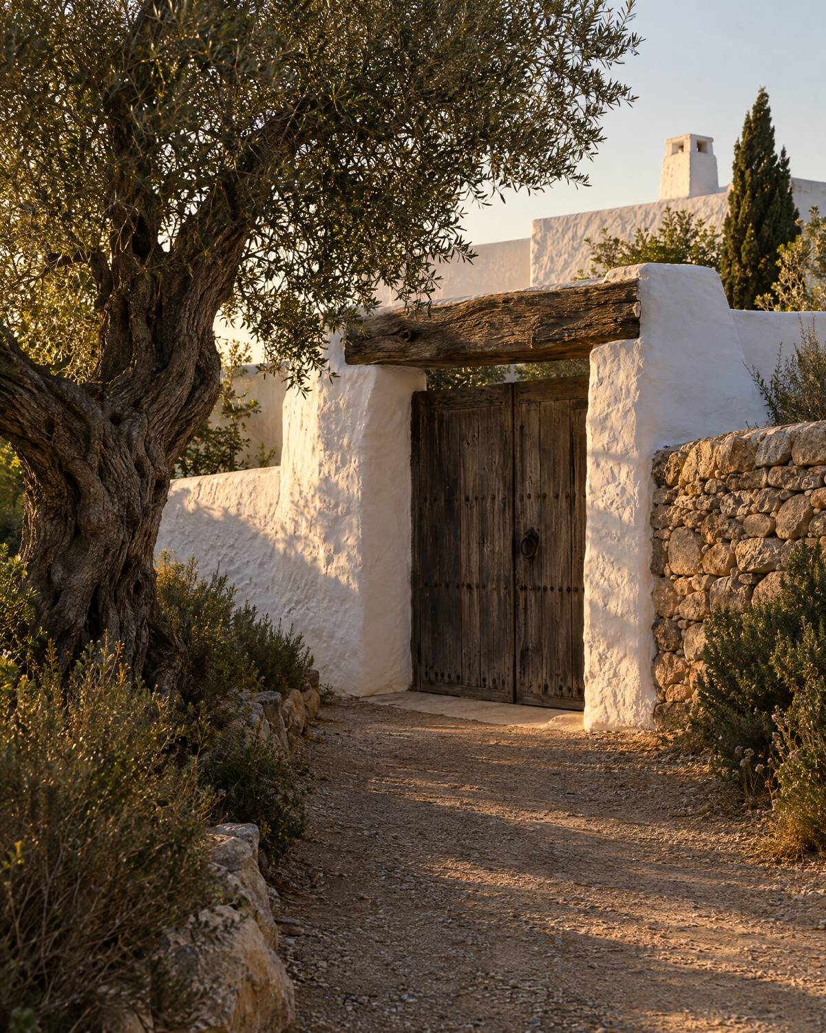 Cancello di legno chiuso di una finca bianca a Ibiza